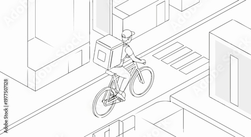 Isometric Line Art of Food Delivery Courier on Bicycle in Urban City Street, Minimalist Vector Illustration