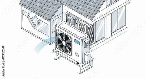 Residential Air Source Heat Pump Illustration Outside Modern House, Energy Efficient HVAC System for Sustainable Home Heating and Cooling
