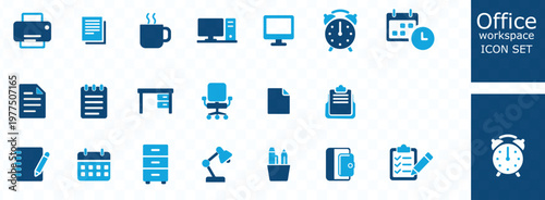 A collection of bright blue office icons depicting various workplace tools and supplies in a minimalist style high quality professional detailed modern elegant