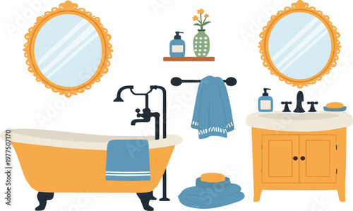 Bathroom Interior Set with Bathtub, Sink Cabinet, Mirror, Towels and Accessories Flat Vector Illustration Collection for Home Hygiene and Decor Design