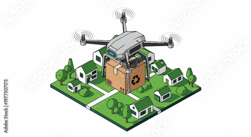 Isometric Drone Delivery of Sustainable Recyclable Package to Residential Suburban Neighborhood