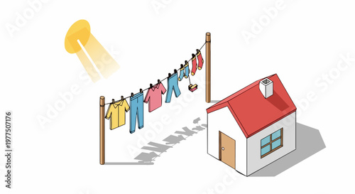 Isometric Illustration of Clothes Drying on a Laundry Line Under the Sun Outside a Small House - Sustainable Living Concept