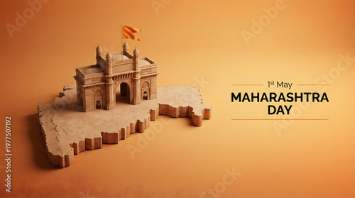 Maharashtra Day Greeting with Map of Maharashtra and Historic Fort Design