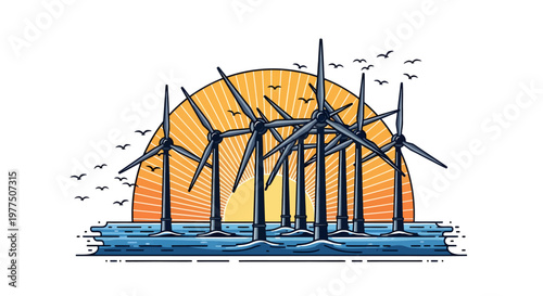 Wind turbines at sunset on water, renewable energy concept
