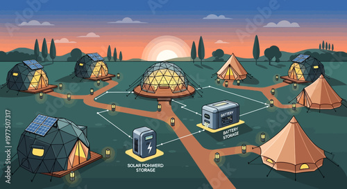 Eco-Friendly Glamping Paradise: A vibrant illustration showcases an eco-friendly glamping site, each tent powered by solar energy.