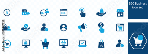 A collection of flat blue icons representing various aspects of business to consumer commerce including shopping marketing and customer service high quality professional