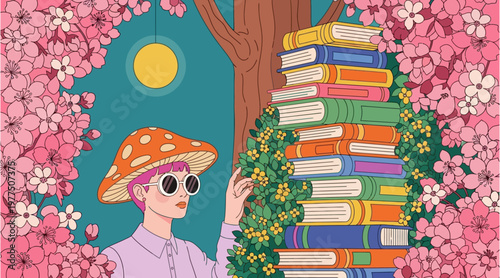Whimsical Surreal Illustration of Girl with Mushroom Hat and Stack of Books