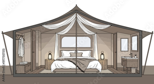 Elegant Glamping Interior: An artistic illustration captures the luxurious interior of a glamping tent, complete with a comfortable bed, stylish furnishings, and thoughtful design elements.