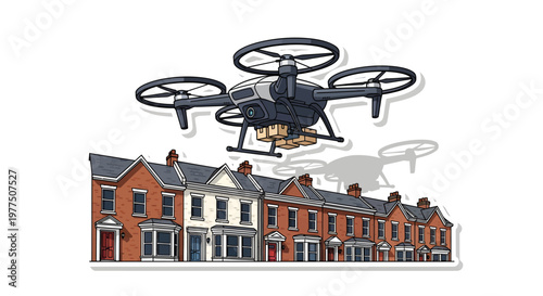 Drone flying over a row of houses with another drone in the background