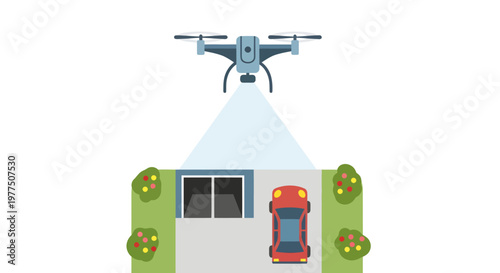 Drone flying over house with lawn and car