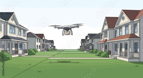 Drone flying over suburban neighborhood with houses and green lawn