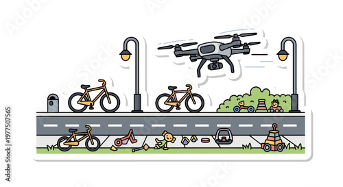 Drone flying over bicycles on road with streetlights and trees