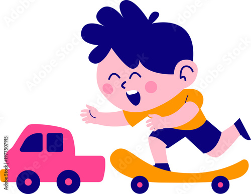 playful kids illusrtration on playground. mini skateboard