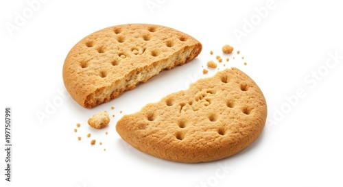 Digestive biscuit broken in half with crumbs, golden brown wheat cookie on white background, crunchy wholemeal sweetmeal snack for tea time