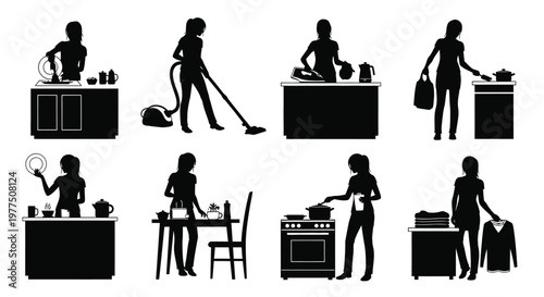 Women performing household chores in a black silhouette high quality professional
