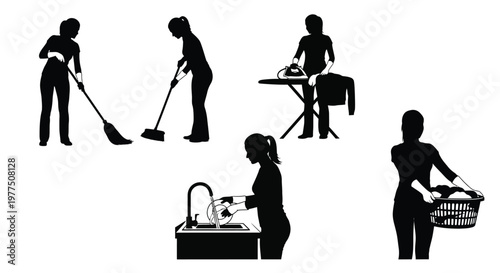 Women performing various household chores depicted in a stark black silhouette