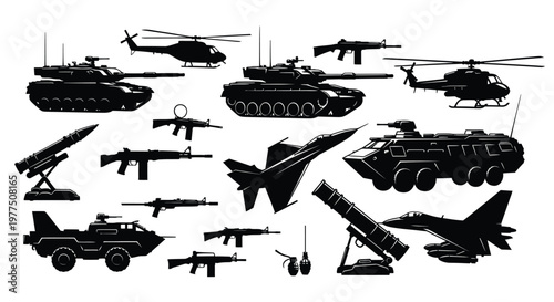 Military vehicles and weaponry collection depicted in a dark silhouette