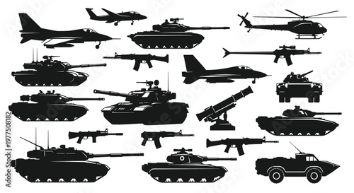 Collection of military vehicles and weaponry shown in dark silhouette