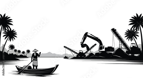 Tropical construction scene with a lone fisherman in full silhouette