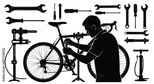 Mechanic repairing bicycle with tools a striking black silhouette high quality