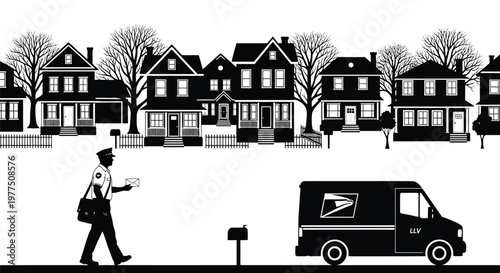 A mail carrier delivers mail in a quiet neighborhood black silhouette