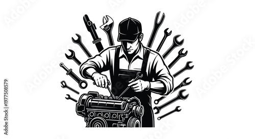 Mechanic with tools and engine parts in a bold graphic silhouette