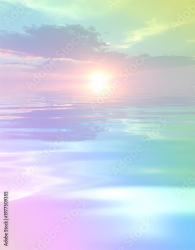 Dreamy pastel sunset over calm ocean water with soft rainbow gradient sky and ethereal clouds, abstract nature background