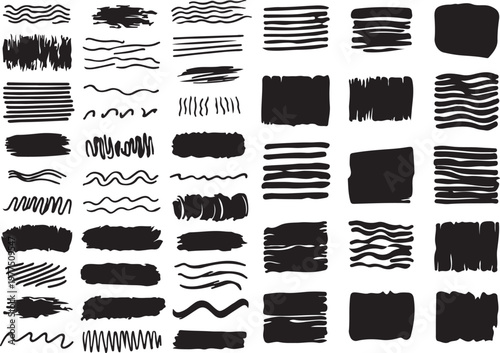 Black Marker Brush Strokes, Grunge Scribbles, Hatching Lines, and Abstract Wavy Patterns for Distressed Graphic Design,