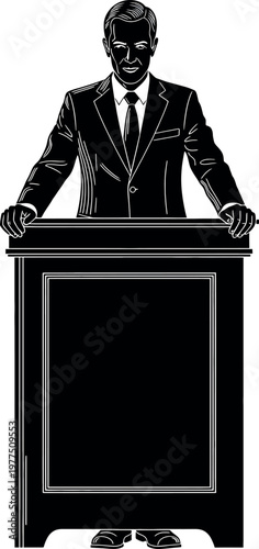 A black and white illustration of a man in a suit standing behind a podium presenting or speaking