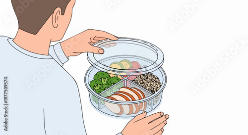 Healthy Meal Prep Illustration: Person Holding Divided Food Container with Balanced Diet of Chicken, Broccoli, and Grains