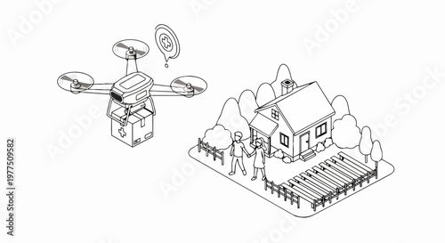 Isometric Medical Delivery Drone Carrying First Aid Package to a Suburban House and Couple, Line Art Vector Illustration of Futuristic Healthcare Logistics