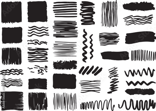 Black Marker Brush Strokes, Grunge Scribbles, Hatching Lines, and Abstract Wavy Patterns for Distressed Graphic Design,