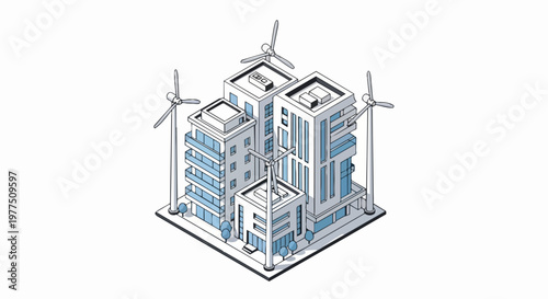 Isometric Sustainable City Architecture with Wind Turbines and Eco-Friendly Buildings Vector Illustration