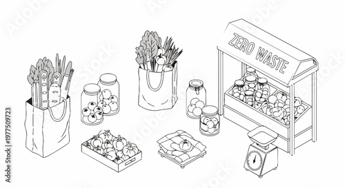 Isometric Zero Waste Grocery Shopping Illustration with Reusable Bags, Glass Jars, and Fresh Vegetables - Sustainable Lifestyle Line Art Icon Set