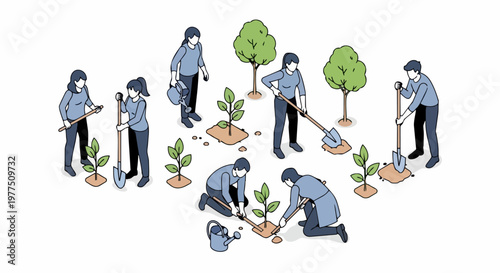 Isometric Illustration of Diverse People Planting Trees and Reforesting, Environmental Volunteering and Sustainability Concept