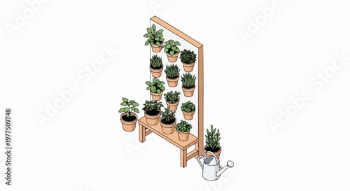 Isometric Illustration of a Vertical Herb Garden and Plant Stand with Potted Herbs, Green Houseplants, and a Watering Can for Urban Gardening and Sustainability Concepts