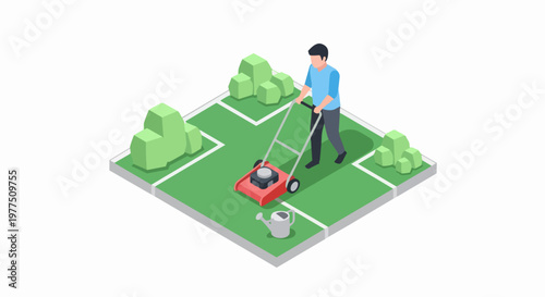 Isometric Man Mowing Lawn with Red Lawnmower in Backyard Garden - Professional Landscaping and Home Maintenance Concept