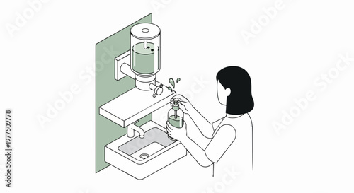 Isometric Line Illustration of Woman Refilling Soap Bottle from Bulk Dispenser for Sustainability and Zero Waste Concept
