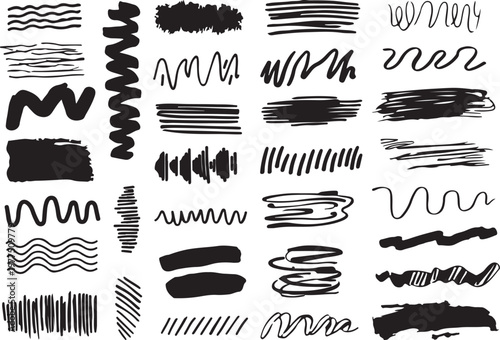Black Marker Brush Strokes, Grunge Scribbles, Hatching Lines, and Abstract Wavy Patterns for Distressed Graphic Design,
