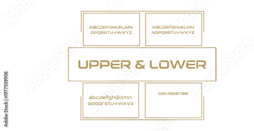 A graphic design template showcasing upper and lower case letters in gold font