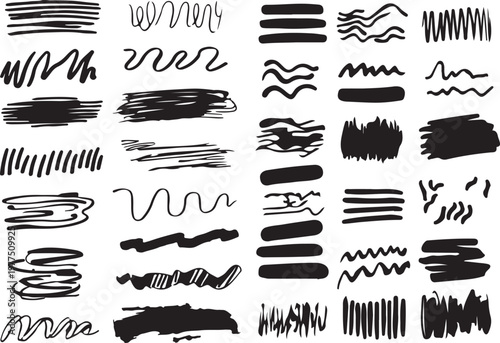 Black Marker Brush Strokes, Grunge Scribbles, Hatching Lines, and Abstract Wavy Patterns for Distressed Graphic Design,