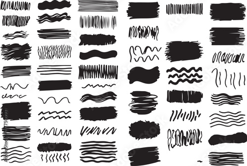 Black Marker Brush Strokes, Grunge Scribbles, Hatching Lines, and Abstract Wavy Patterns for Distressed Graphic Design,