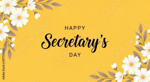 Happy Secretary's Day greeting card, elegant floral background with white daisies, yellow professional appreciation banner for administrative professionals