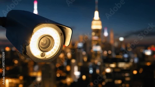 Security camera with illuminated LE Ds in the foreground overlooking a blurred city skyline at night