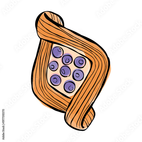 Hand-drawn Blueberry Custard Puff Pastry isolated on white background. Vector line illustration with watercolor stains. Drawing of dessert for bakery menu, recipes, poster, or packaging design.