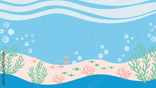 Underwater scene with waves and marine plant life near the shore