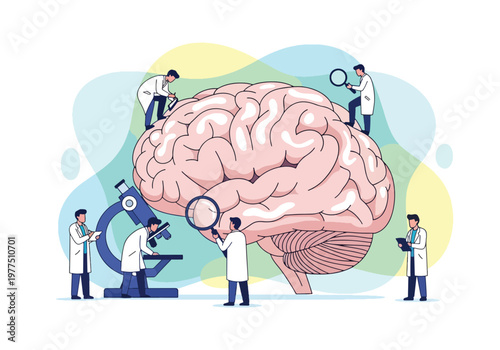 Flat style vector illustration of doctor and scientists analyzing human brain with magnifying glass and microscope, neuroscience research concept, cognitive study and medical innovation teamwork