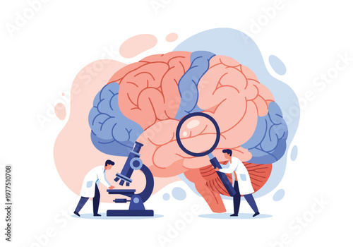Flat style vector illustration of doctor and scientists analyzing human brain with magnifying glass and microscope, neuroscience research concept, cognitive study and medical innovation teamwork