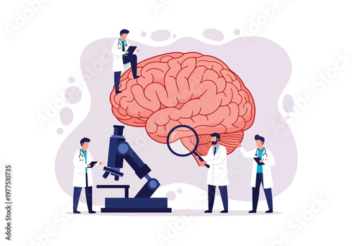 Flat style vector illustration of doctor and scientists analyzing human brain with magnifying glass and microscope, neuroscience research concept, cognitive study and medical innovation teamwork