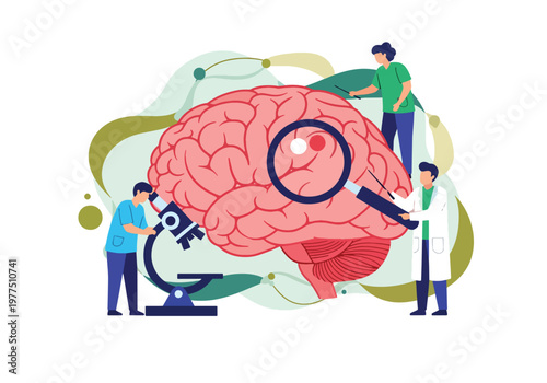 Flat style vector illustration of doctor and scientists analyzing human brain with magnifying glass and microscope, neuroscience research concept, cognitive study and medical innovation teamwork